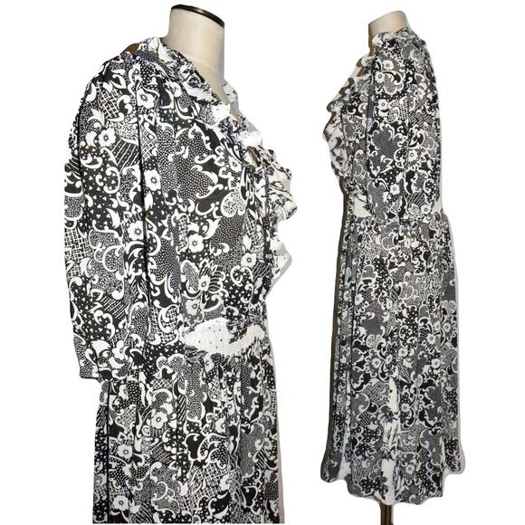 Vintage Susan Freis Georgette Graphic Print Midi Dress | Black & White | M/L - Picture 7 of 10